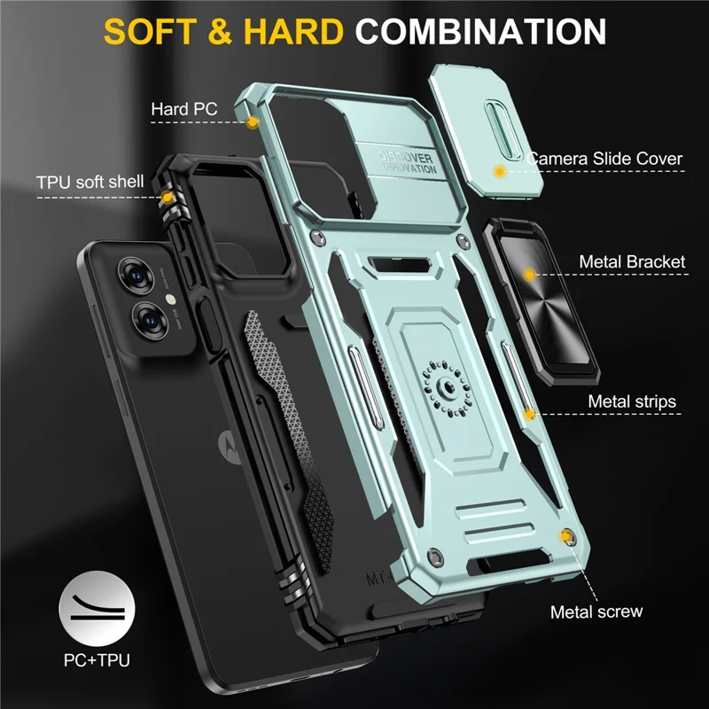 Cover per Motorola Moto G55 5G con Supporto Girevole, Coperchio Scorrevole per Obiettivo, Custodia Antiurto in PC + TPU - Verde