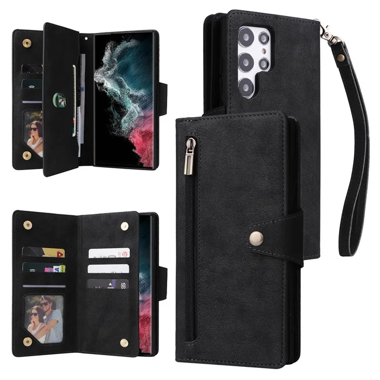 Para Samsung Galaxy S23 Ultra Phone Case Stand Wallet Multiple Card Slots Rivet Buckle PU Leather Phone Cover with Strap - Black