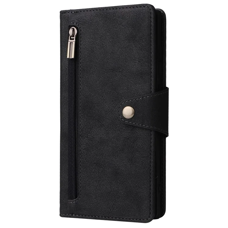 Para Samsung Galaxy S23 Ultra Phone Case Stand Wallet Multiple Card Slots Rivet Buckle PU Leather Phone Cover with Strap - Black