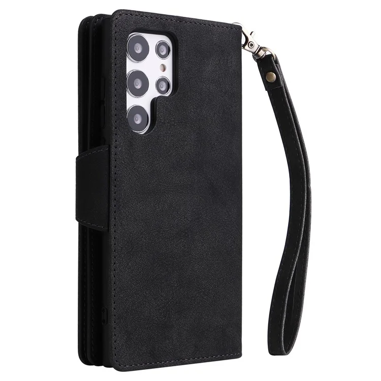 Para Samsung Galaxy S23 Ultra Phone Case Stand Wallet Multiple Card Slots Rivet Buckle PU Leather Phone Cover with Strap - Black