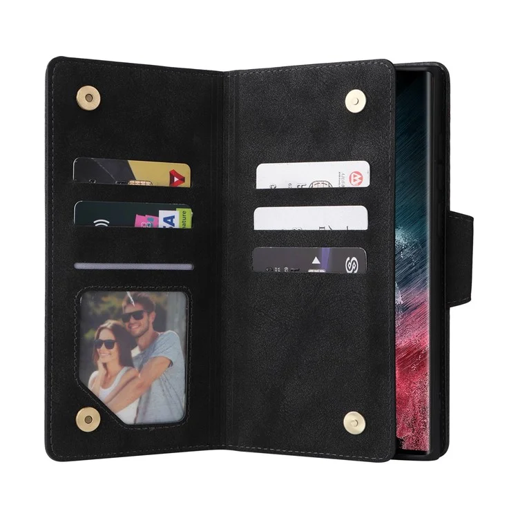Para Samsung Galaxy S23 Ultra Phone Case Stand Wallet Multiple Card Slots Rivet Buckle PU Leather Phone Cover with Strap - Black
