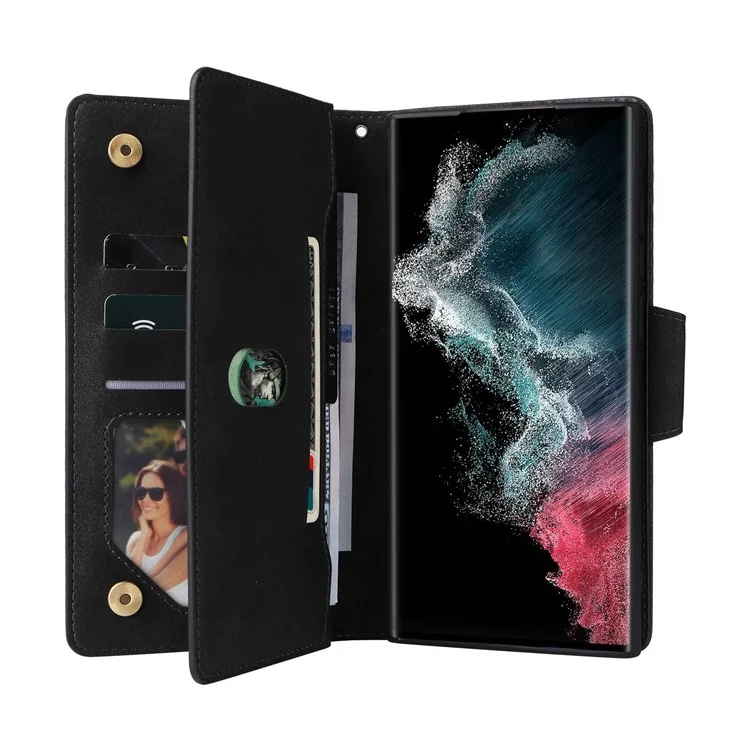 Para Samsung Galaxy S23 Ultra Phone Case Stand Wallet Multiple Card Slots Rivet Buckle PU Leather Phone Cover with Strap - Black