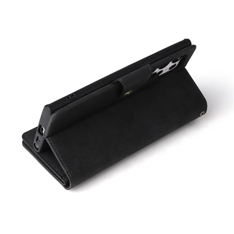 Para Samsung Galaxy S23 Ultra Phone Case Stand Wallet Multiple Card Slots Rivet Buckle PU Leather Phone Cover with Strap - Black