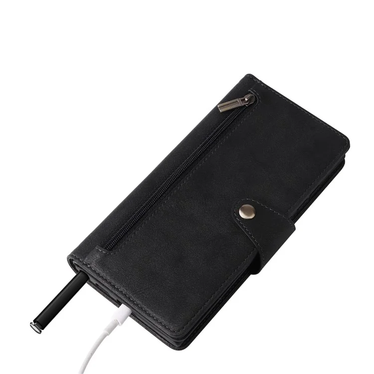 Para Samsung Galaxy S23 Ultra Phone Case Stand Wallet Multiple Card Slots Rivet Buckle PU Leather Phone Cover with Strap - Black