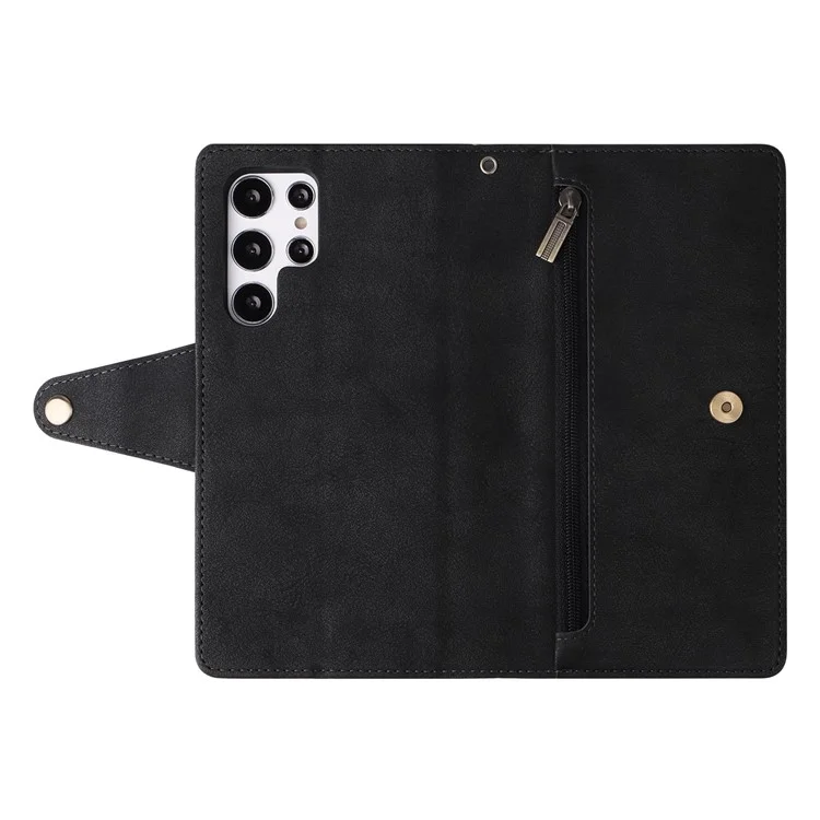 Para Samsung Galaxy S23 Ultra Phone Case Stand Wallet Multiple Card Slots Rivet Buckle PU Leather Phone Cover with Strap - Black