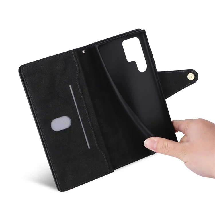 Para Samsung Galaxy S23 Ultra Phone Case Stand Wallet Multiple Card Slots Rivet Buckle PU Leather Phone Cover with Strap - Black