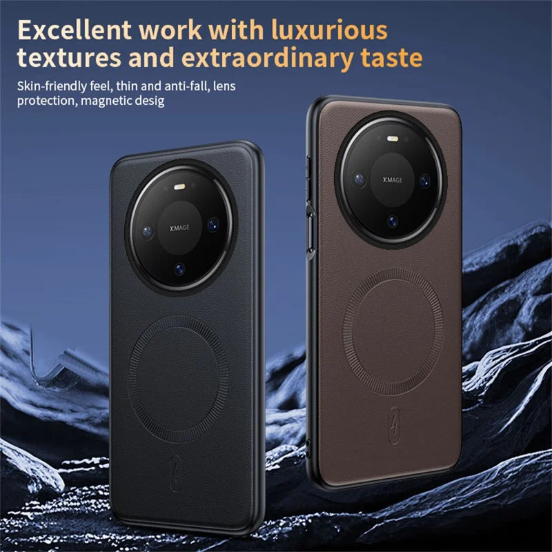 للهاتف هواوي ميت 80 غطاء مغناطيسي مطلي بالجلد مع تبو + بي سي - أسود