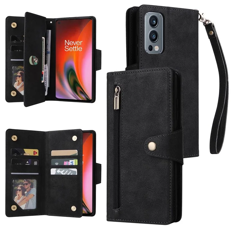 For OnePlus Nord 2 5G Zipper Pocket Design Phone Cover Rivet Buckle PU Leather Phone Case Stand Wallet with Strap - Black