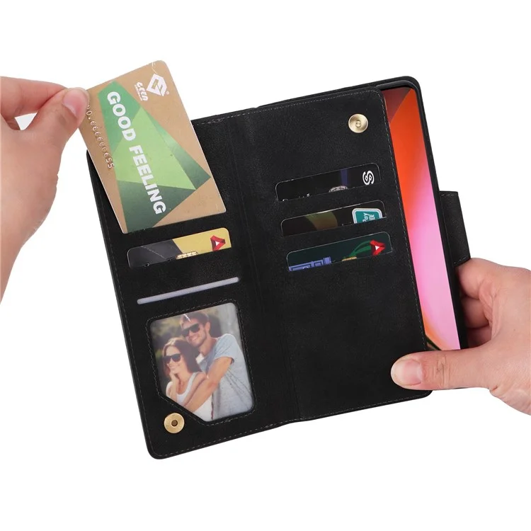For OnePlus Nord 2 5G Zipper Pocket Design Phone Cover Rivet Buckle PU Leather Phone Case Stand Wallet with Strap - Black