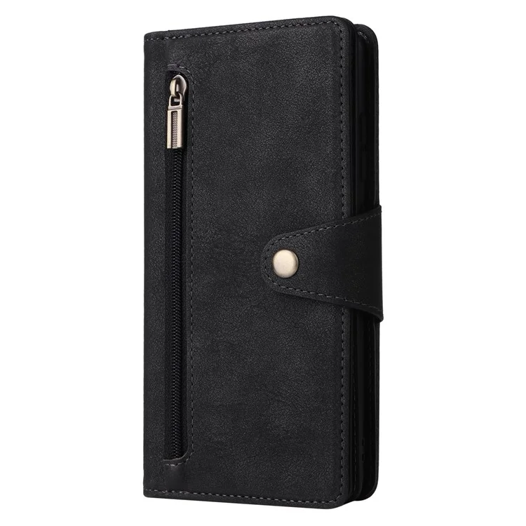 For OnePlus Nord 2 5G Zipper Pocket Design Phone Cover Rivet Buckle PU Leather Phone Case Stand Wallet with Strap - Black