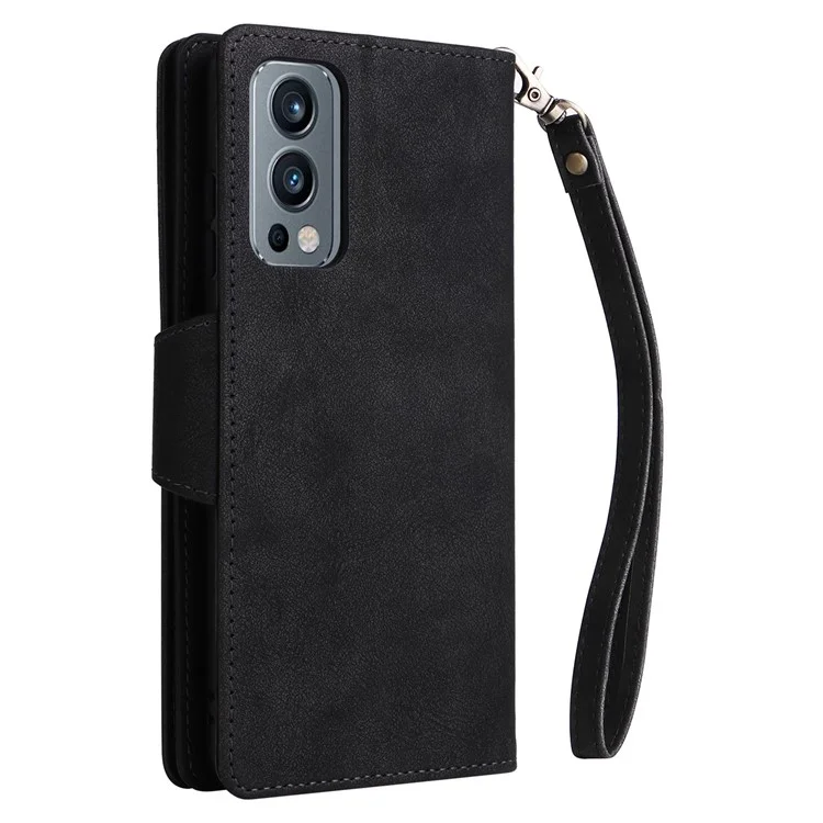For OnePlus Nord 2 5G Zipper Pocket Design Phone Cover Rivet Buckle PU Leather Phone Case Stand Wallet with Strap - Black