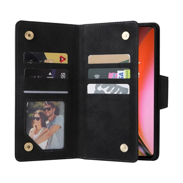 For OnePlus Nord 2 5G Zipper Pocket Design Phone Cover Rivet Buckle PU Leather Phone Case Stand Wallet with Strap - Black