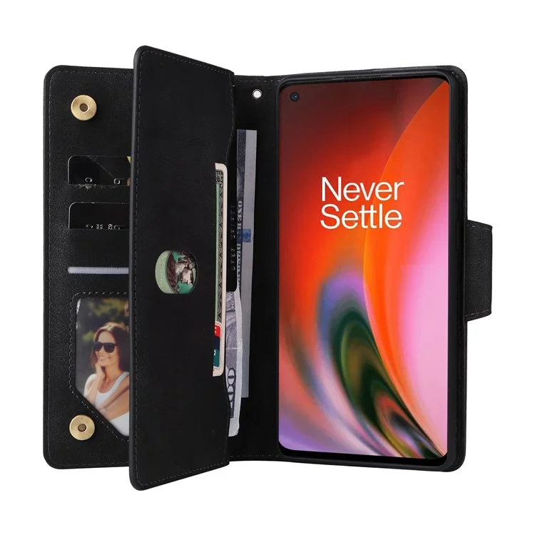 For OnePlus Nord 2 5G Zipper Pocket Design Phone Cover Rivet Buckle PU Leather Phone Case Stand Wallet with Strap - Black
