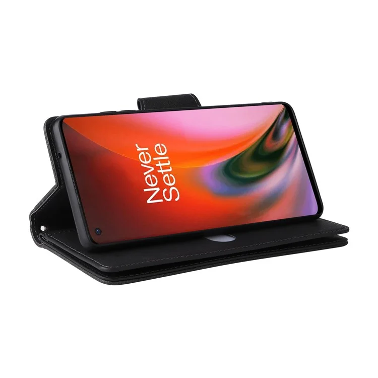 For OnePlus Nord 2 5G Zipper Pocket Design Phone Cover Rivet Buckle PU Leather Phone Case Stand Wallet with Strap - Black
