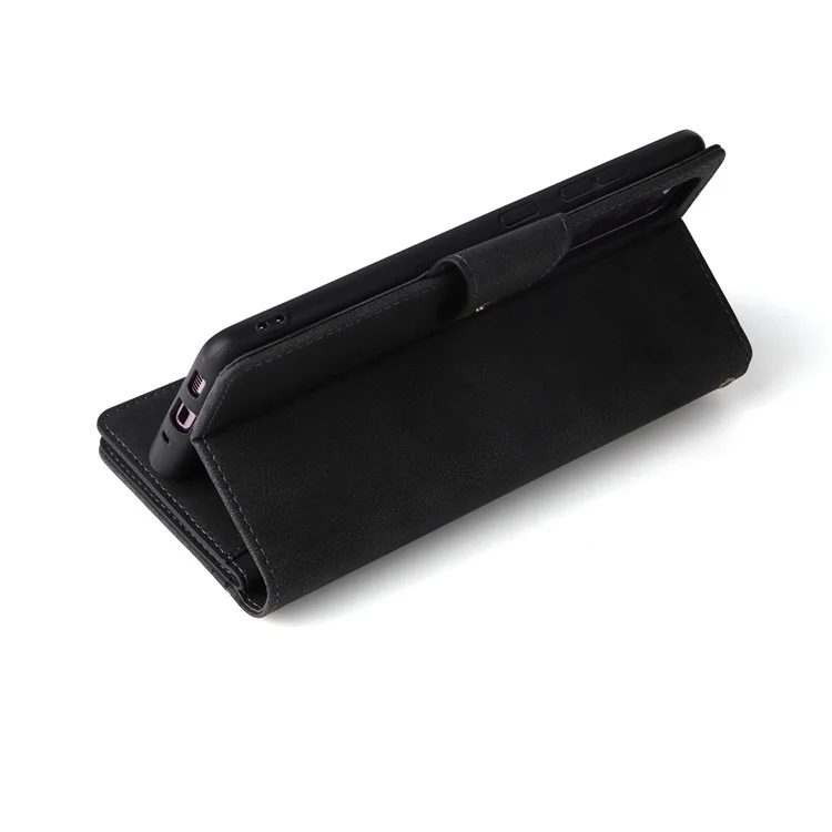 For OnePlus Nord 2 5G Zipper Pocket Design Phone Cover Rivet Buckle PU Leather Phone Case Stand Wallet with Strap - Black