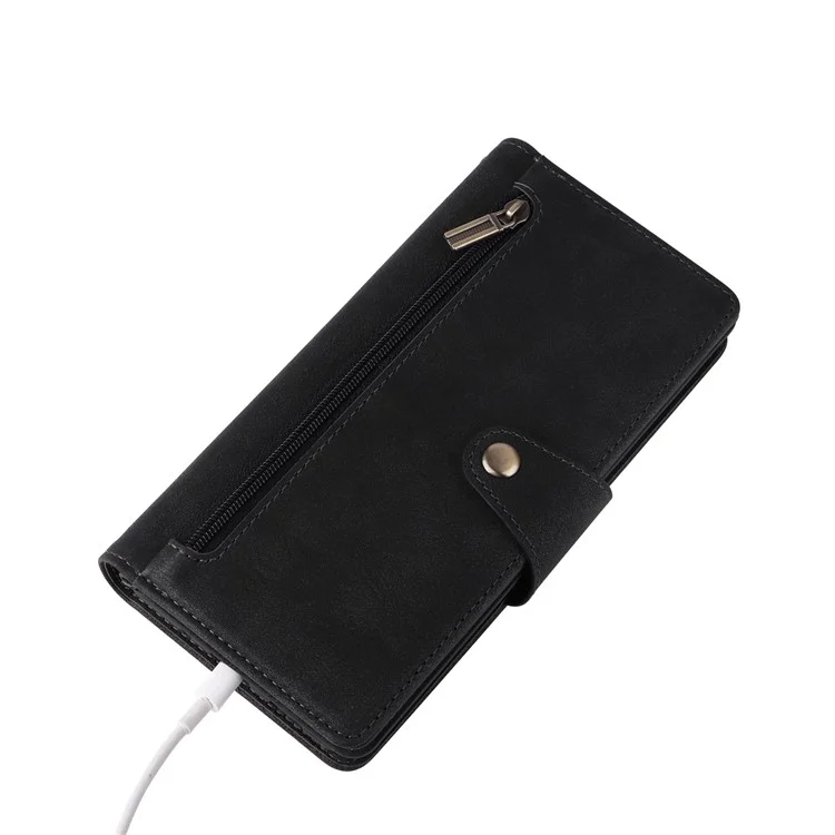 For OnePlus Nord 2 5G Zipper Pocket Design Phone Cover Rivet Buckle PU Leather Phone Case Stand Wallet with Strap - Black