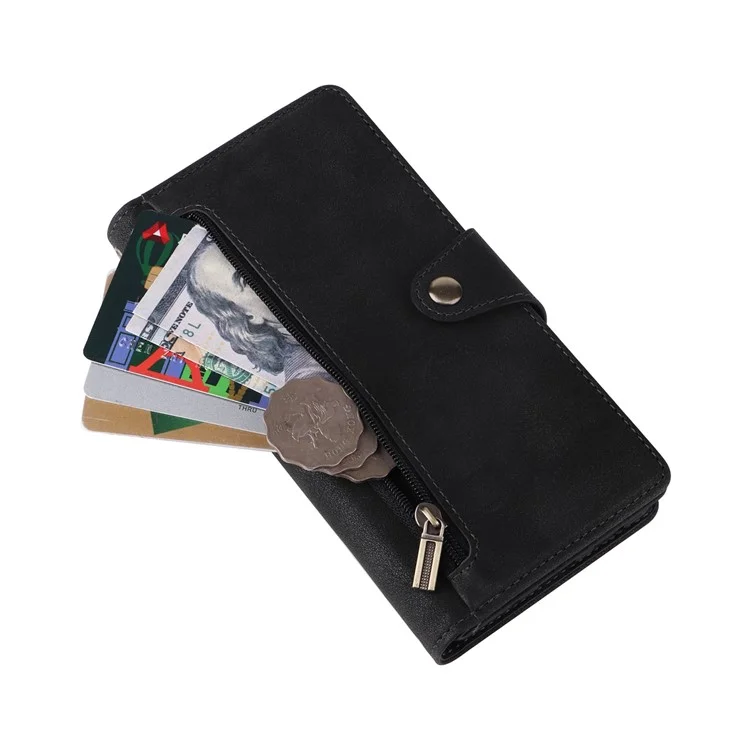 For OnePlus Nord 2 5G Zipper Pocket Design Phone Cover Rivet Buckle PU Leather Phone Case Stand Wallet with Strap - Black