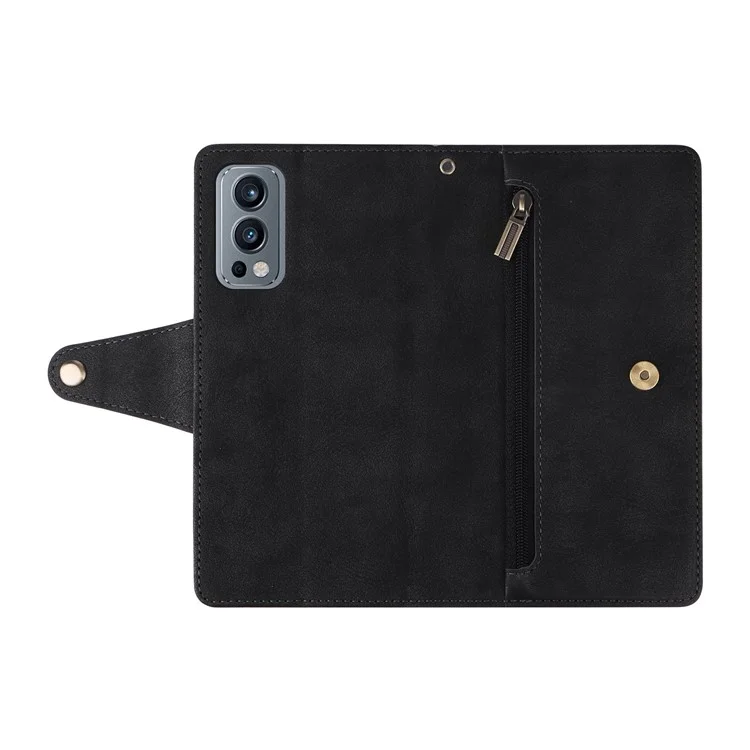For OnePlus Nord 2 5G Zipper Pocket Design Phone Cover Rivet Buckle PU Leather Phone Case Stand Wallet with Strap - Black
