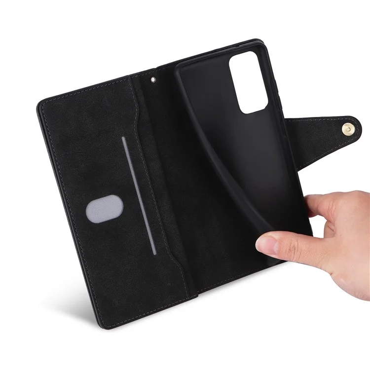 For OnePlus Nord 2 5G Zipper Pocket Design Phone Cover Rivet Buckle PU Leather Phone Case Stand Wallet with Strap - Black