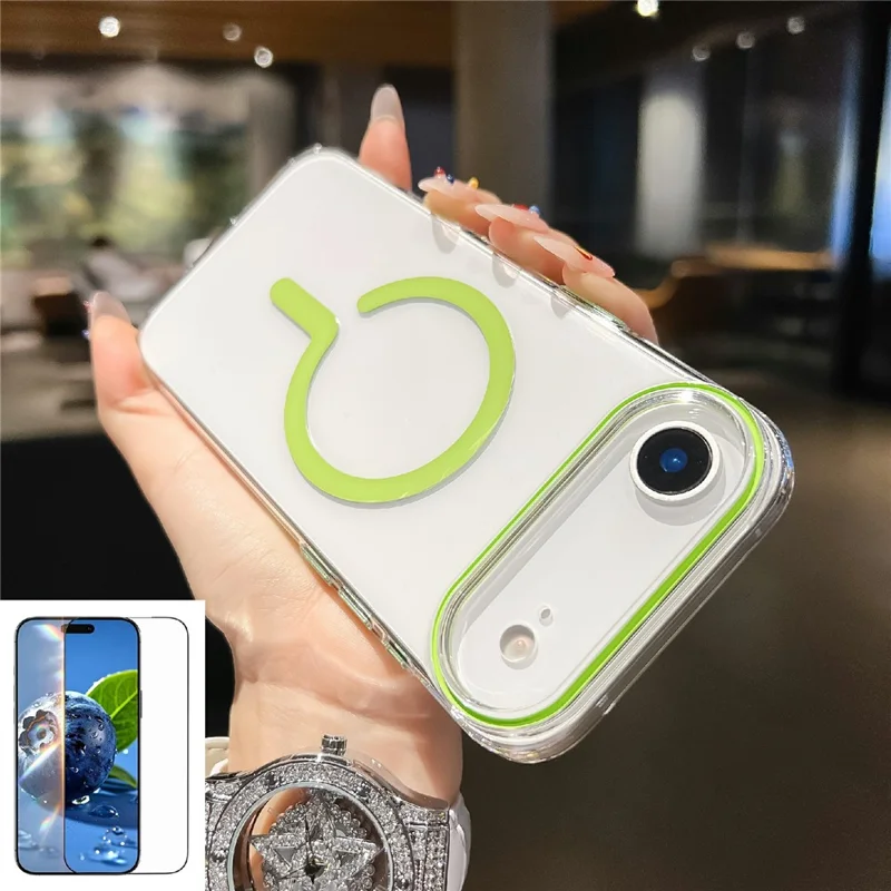 Coque transparente cristal pour iPhone Air, compatible MagSafe, coque rigide en PC avec film en verre trempé - Vert fluo