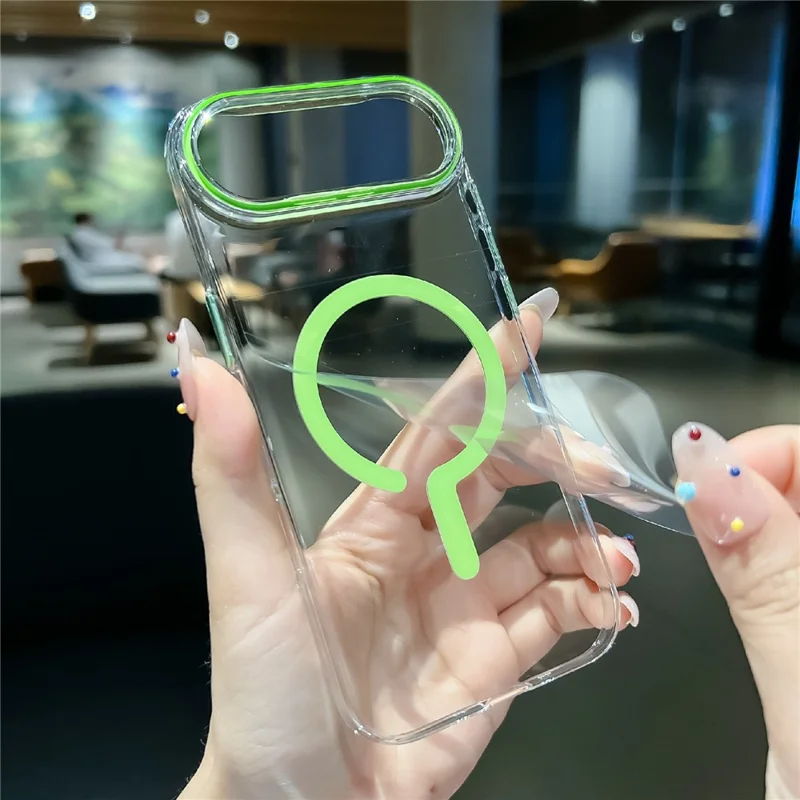 Coque transparente cristal pour iPhone Air, compatible MagSafe, coque rigide en PC avec film en verre trempé - Vert fluo