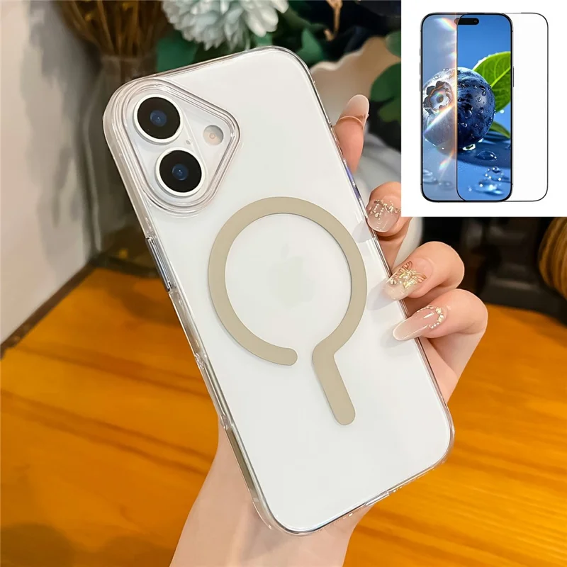Coque transparente cristal pour iPhone 17, compatible MagSafe, coque rigide en PC avec film en verre trempé - Or Désert