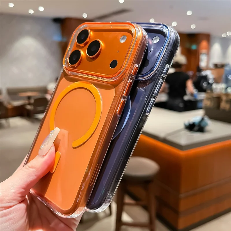 For iPhone 17 Pro Crystal Clear Case Compatible with MagSafe Hard PC Phone Cover with Tempered Glass Film - Orange