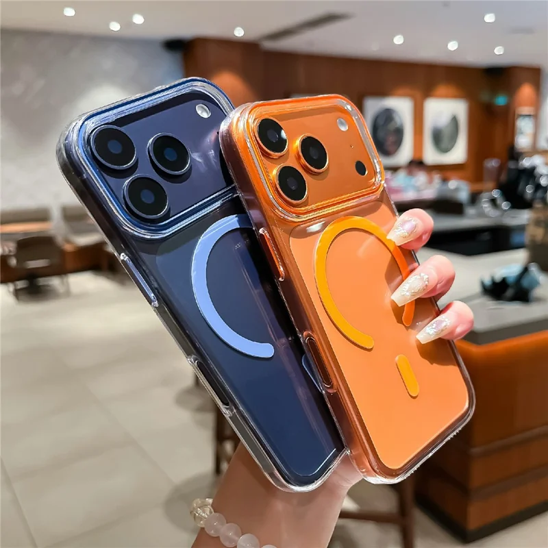 For iPhone 17 Pro Crystal Clear Case Compatible with MagSafe Hard PC Phone Cover with Tempered Glass Film - Orange