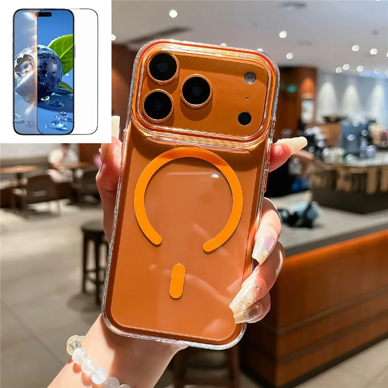 Coque transparente pour iPhone 17 Pro Max, compatible MagSafe, en PC dur avec film de protection en verre trempé - Orange