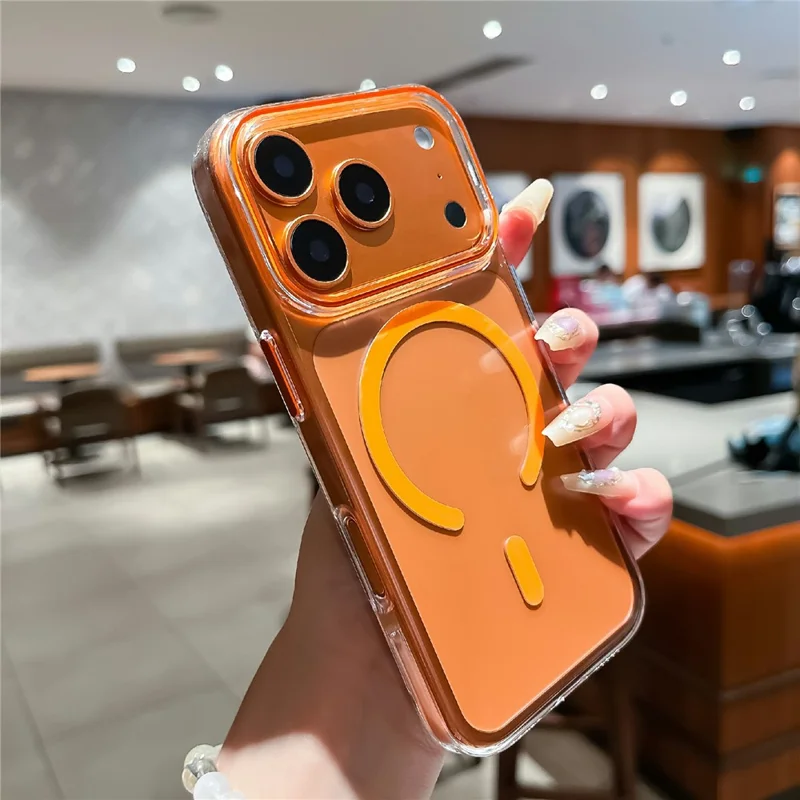 Coque transparente pour iPhone 17 Pro Max, compatible MagSafe, en PC dur avec film de protection en verre trempé - Orange