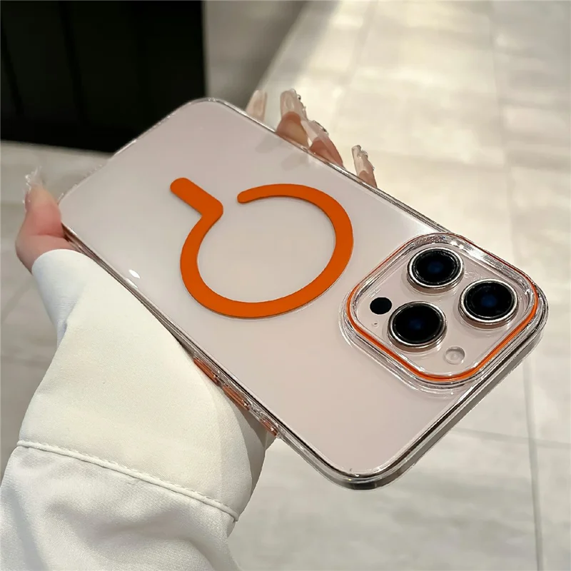 Coque transparente pour iPhone 16 Pro, compatible MagSafe, en PC dur avec film en verre trempé - Orange