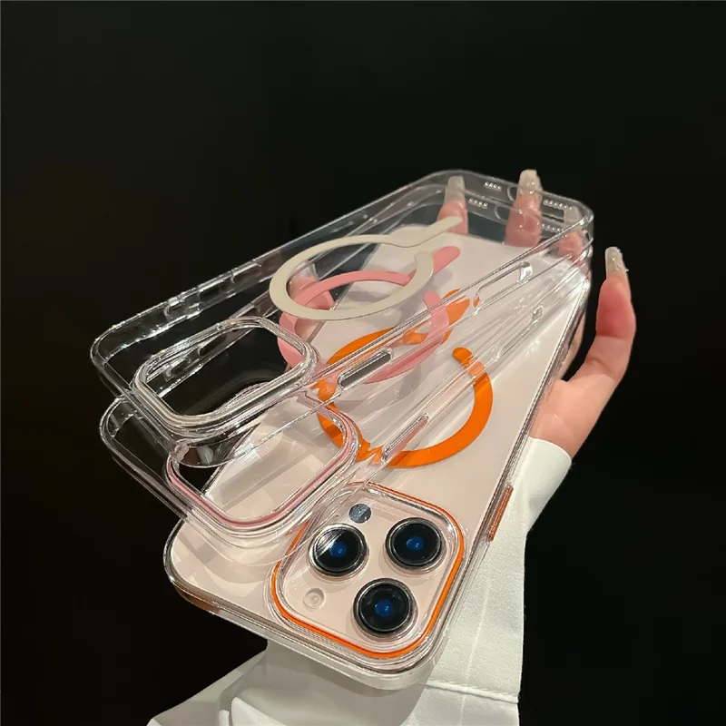 Coque transparente pour iPhone 16 Pro, compatible MagSafe, en PC dur avec film en verre trempé - Orange