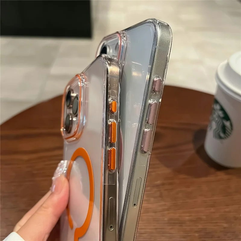 Coque transparente pour iPhone 16 Pro, compatible MagSafe, en PC dur avec film en verre trempé - Orange