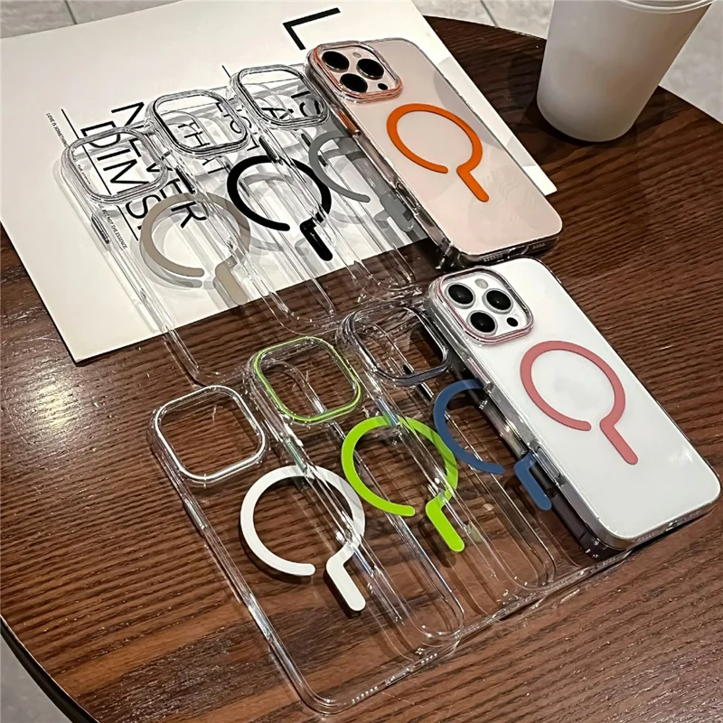 Coque transparente pour iPhone 16 Pro, compatible MagSafe, en PC dur avec film en verre trempé - Orange