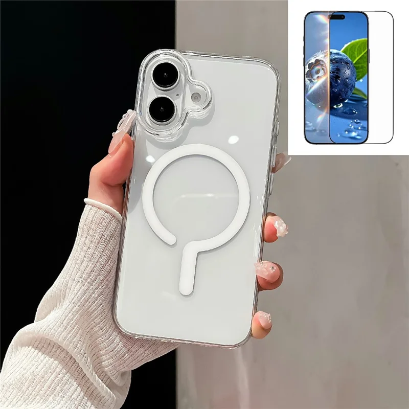 For iPhone 16 Crystal Clear Case Compatible with MagSafe Hard PC Phone Cover with Tempered Glass Film - White