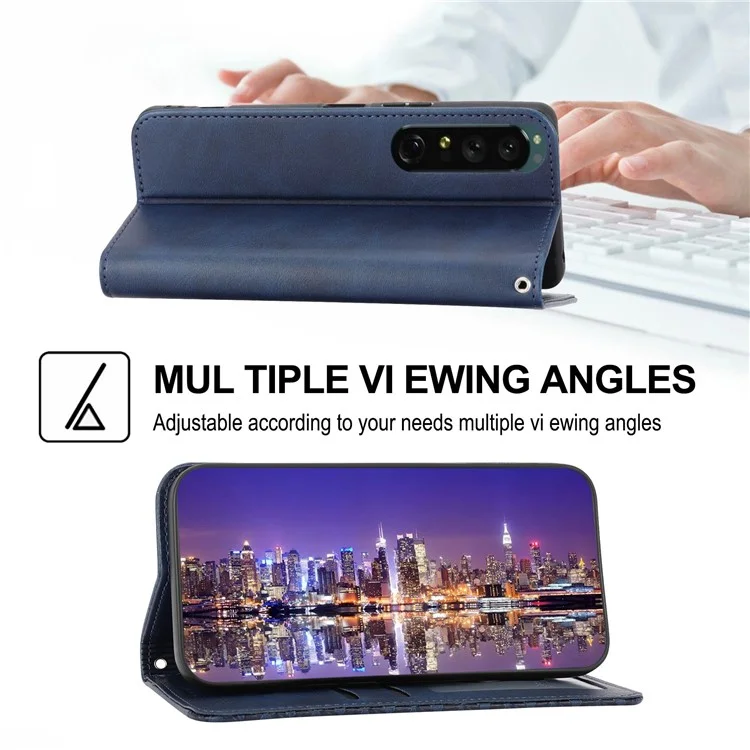 For Sony Xperia 5 IV 5G Imprinted Rhombus Pattern Phone Stand Case Calf Texture PU Leather Wallet Magnetic Closure Cover with Strap - Blue