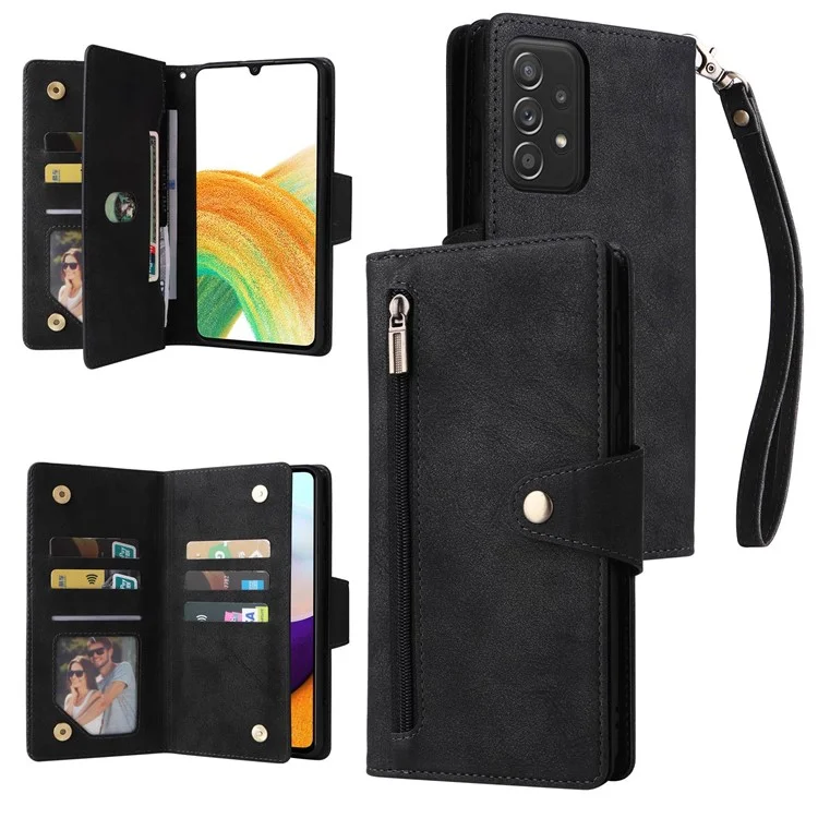 Para Samsung Galaxy A33 5G Case de Teléfono a Prueba de Choques Ciebra de Cuero pu pu Case de Cuero Con Soporte / Correa - Negro