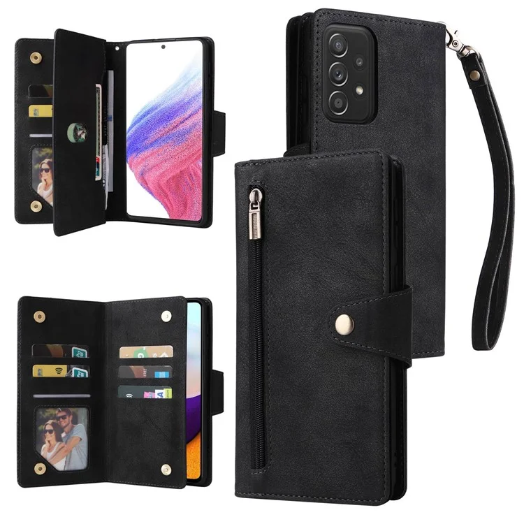 Para Samsung Galaxy A53 5G Ranuras de Tarjetas Múltiples Tapa Del Teléfono Puque pu pu Case de Cuero Puente de Soporte Willet Con Correa - Negro