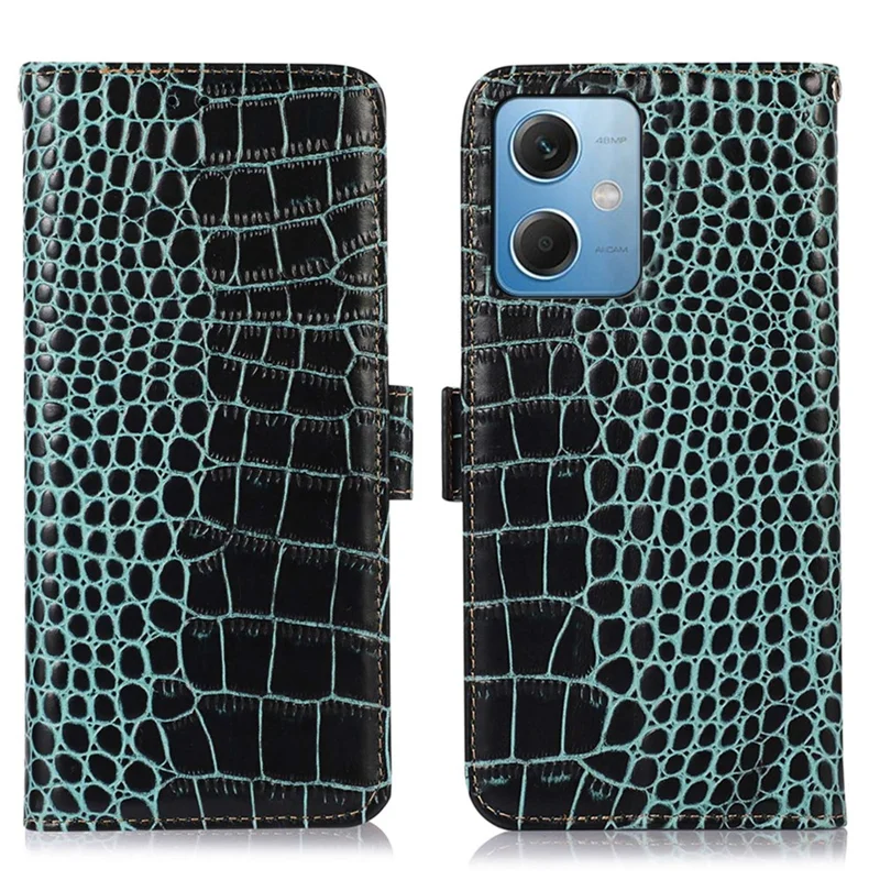 For Xiaomi Redmi Note 12 5G (Global) / (India) / (China) / Poco X5 5G Crocodile Texture Genuine Cowhide Leather Case Wallet Stand Phone Cover with RFID Blocking Function - Green