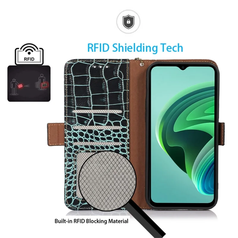 For Xiaomi Redmi Note 12 5G (Global) / (India) / (China) / Poco X5 5G Crocodile Texture Genuine Cowhide Leather Case Wallet Stand Phone Cover with RFID Blocking Function - Green