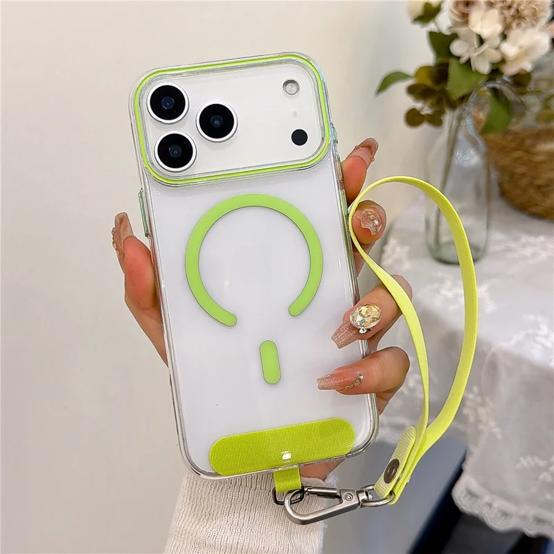 Coque pour iPhone 17 Pro compatible MagSafe, housse transparente rigide en PC avec dragonne - Vert fluo