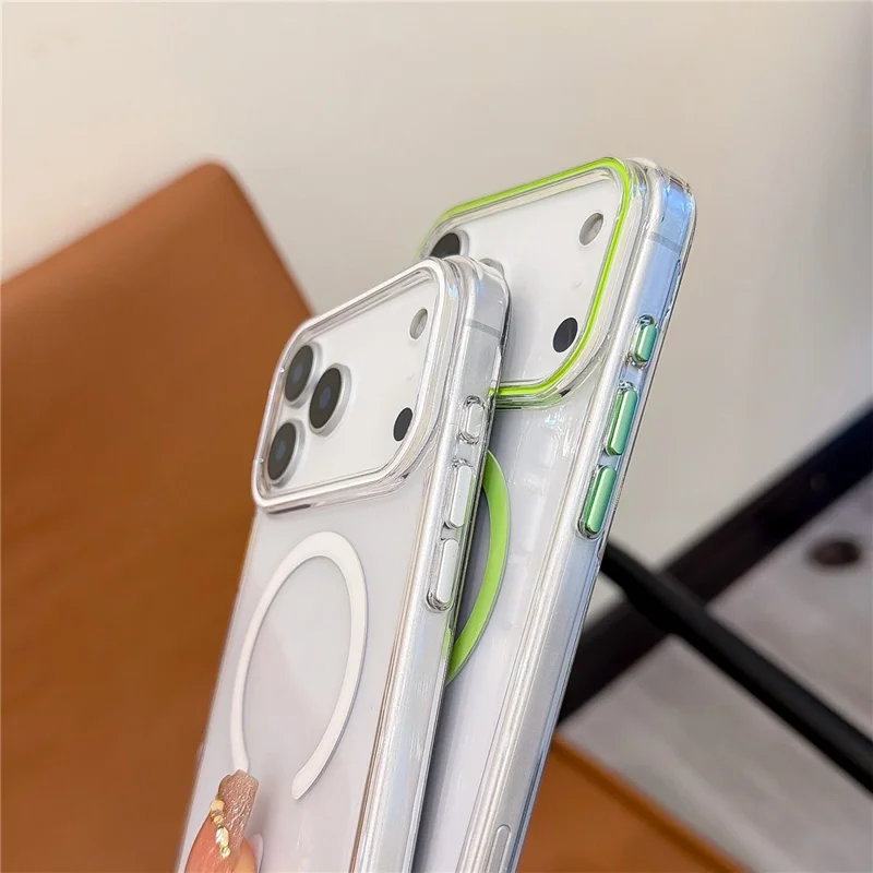 Coque pour iPhone 17 Pro compatible MagSafe, housse transparente rigide en PC avec dragonne - Vert fluo