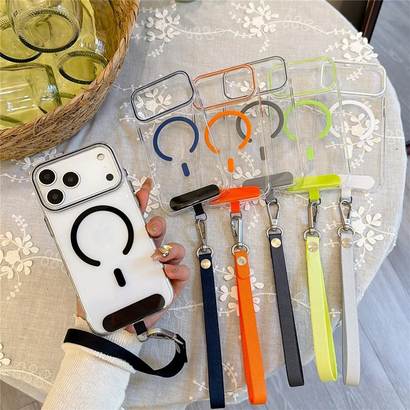 Coque pour iPhone 17 Pro compatible MagSafe, housse transparente rigide en PC avec dragonne - Vert fluo