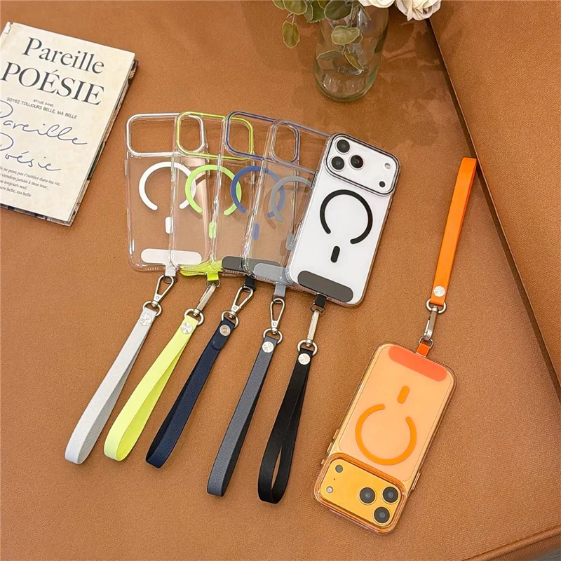 Coque pour iPhone 17 Pro Max compatible MagSafe, housse transparente rigide en PC avec dragonne - Vert fluo