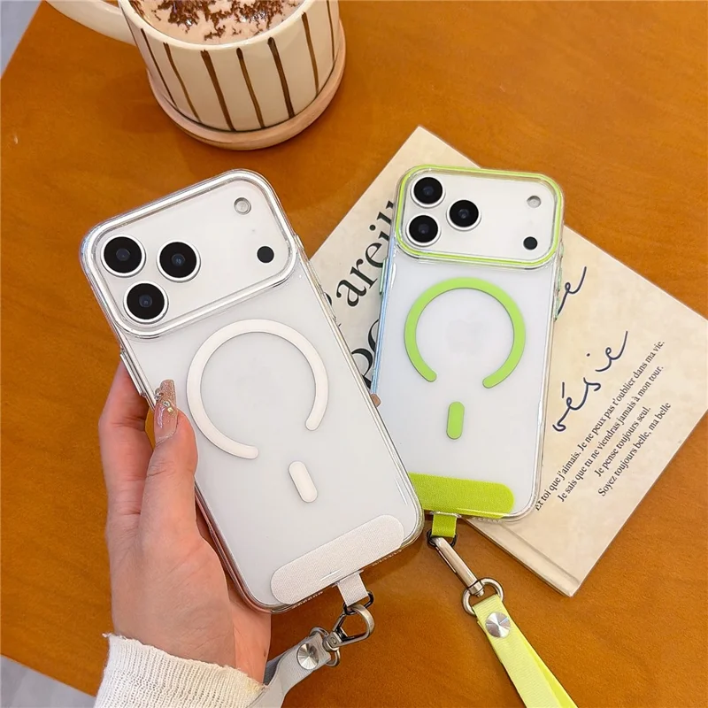 Coque pour iPhone 17 Pro Max compatible MagSafe, housse transparente rigide en PC avec dragonne - Vert fluo