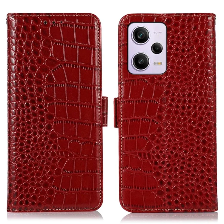 For Xiaomi Redmi Note 12 Pro 5G / Note 12 Pro Speed 5G / Poco X5 Pro 5G Crocodile Texture Genuine Cowhide Leather Case Wallet Stand Anti-theft Phone Cover with RFID Blocking Function - Red