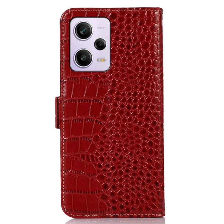 For Xiaomi Redmi Note 12 Pro 5G / Note 12 Pro Speed 5G / Poco X5 Pro 5G Crocodile Texture Genuine Cowhide Leather Case Wallet Stand Anti-theft Phone Cover with RFID Blocking Function - Red