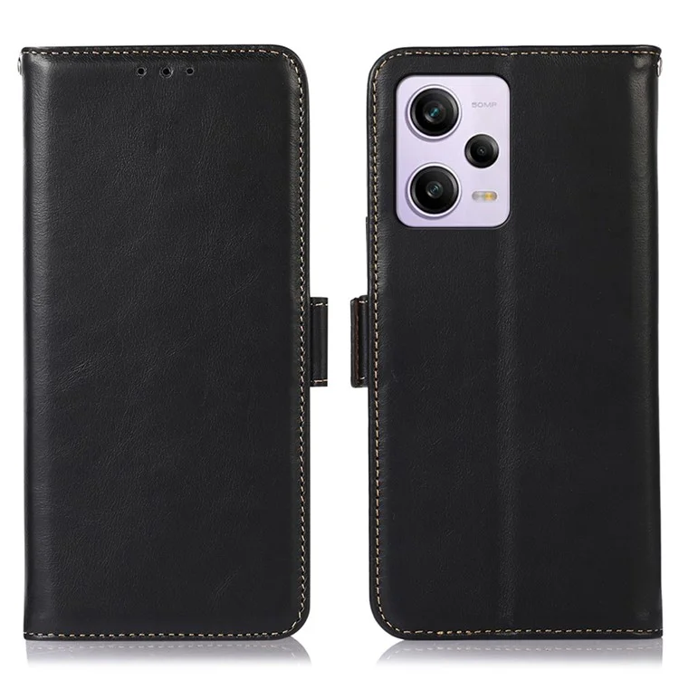 For Xiaomi Redmi Note 12 Pro 5G / Note 12 Pro Speed 5G / Poco X5 Pro 5G Phone Case RFID Blocking Wallet Stand Magnetic Closure Crazy Horse Texture Genuine Cowhide Leather Cover - Black