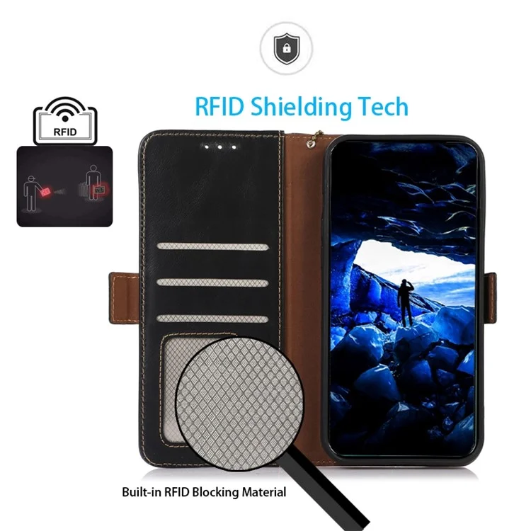 For Xiaomi Redmi Note 12 Pro 5G / Note 12 Pro Speed 5G / Poco X5 Pro 5G Phone Case RFID Blocking Wallet Stand Magnetic Closure Crazy Horse Texture Genuine Cowhide Leather Cover - Black