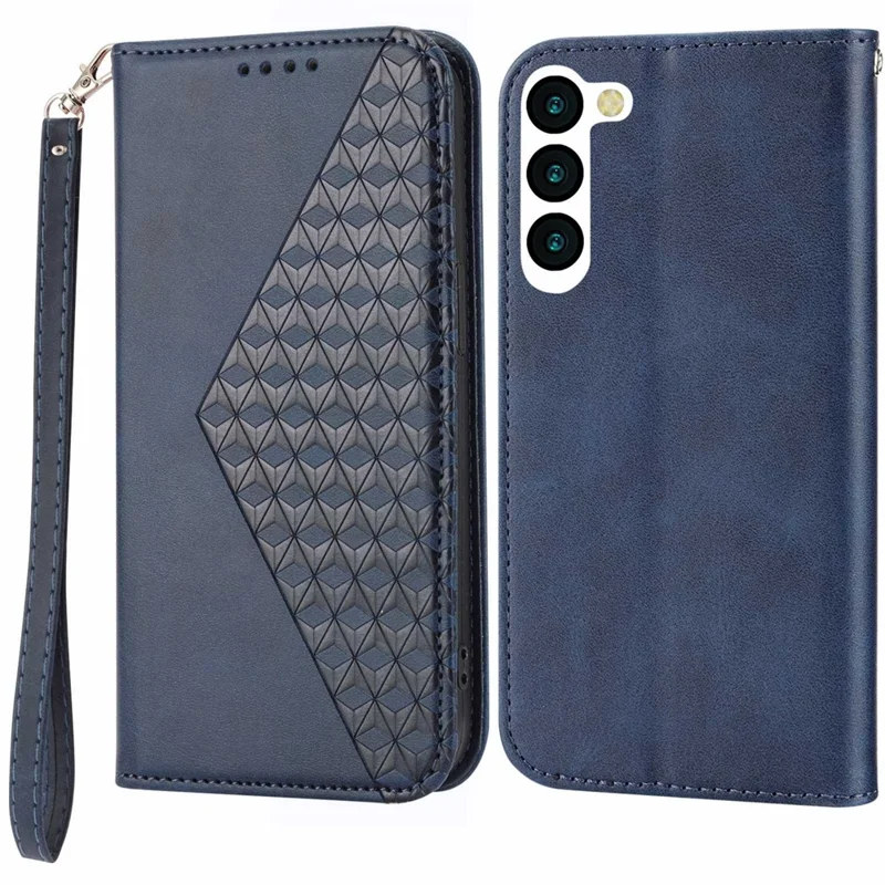Capa Carteira em Couro PU com Textura de Bezerro e Padrão de Losango para Samsung Galaxy S23+, Capa Tipo Fólio com Suporte e Alça - Azul